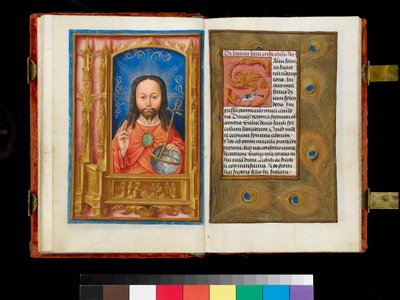 Cristo in Maestà sopra un pannello predella che raffigura Santa Veronica che mostra il sudario a sei adoratori, bordo di piume di pavone, c.1500 da Flemish School